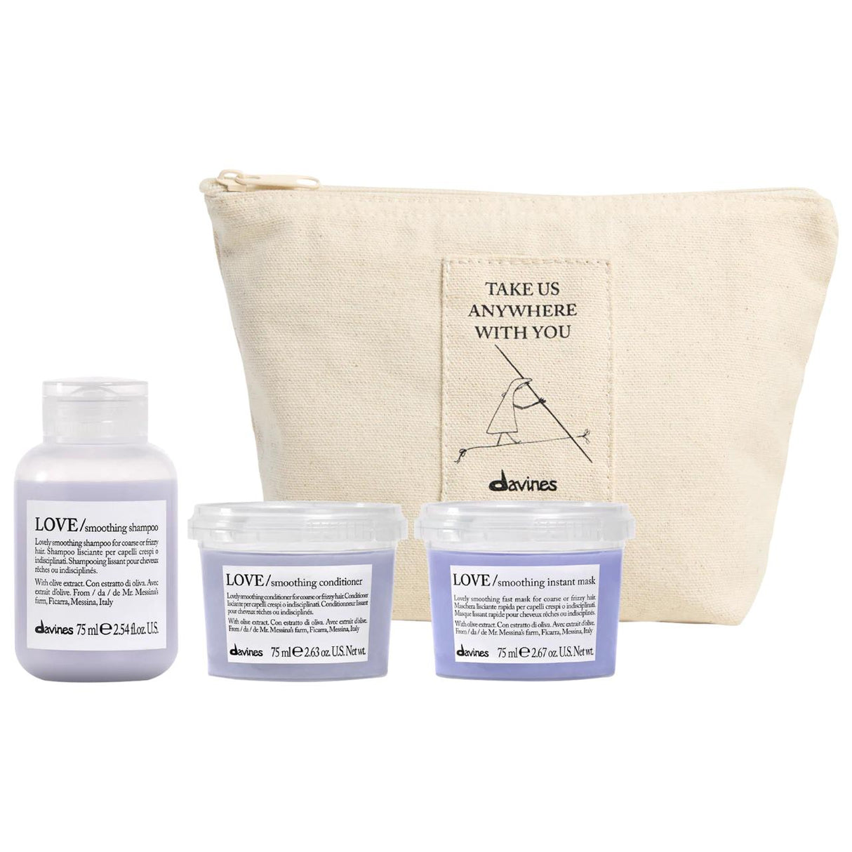 Davines LOVE Smoothing Mini Bestsellers Hair Set: Vegan, Sulfate-Free for Frizzy Hair - Shampoo, Conditioner & Mask for Shine, Manageability & Frizz Control