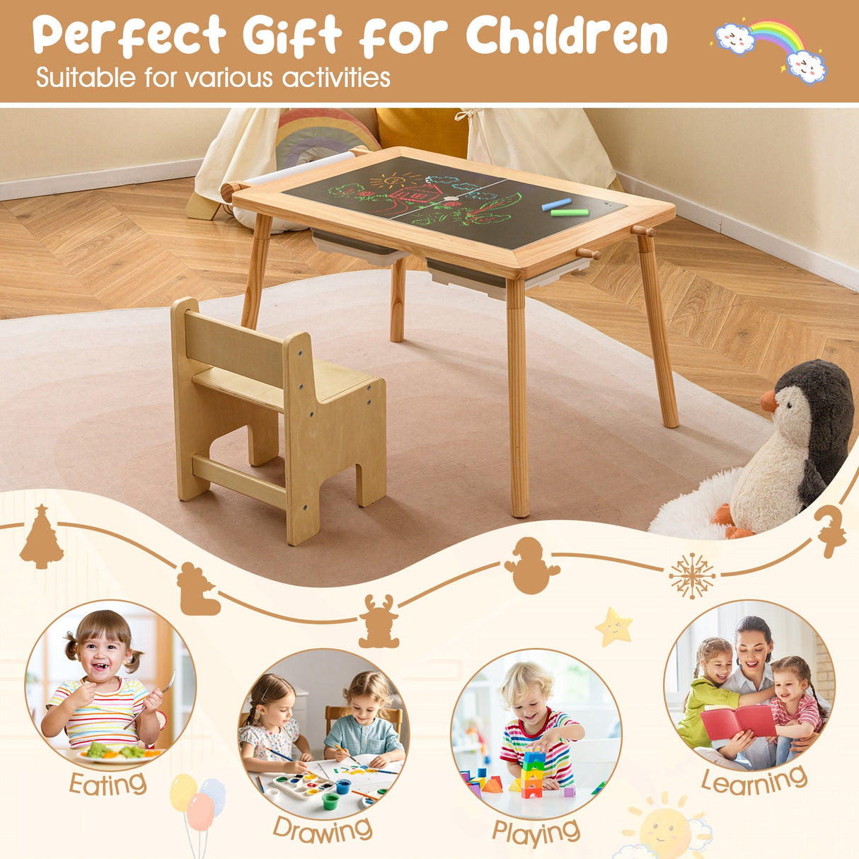 Mesa Sensorial y Juego de Sillas para Niños de 2 a 8 Años con Contenedores Plegables