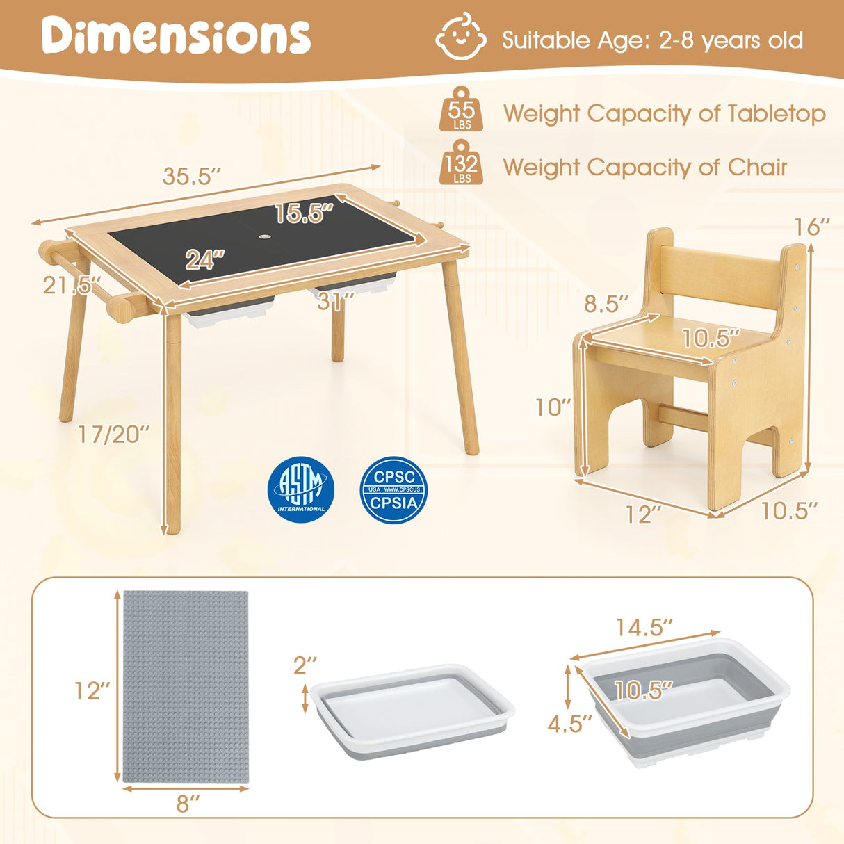 Mesa Sensorial y Juego de Sillas para Niños de 2 a 8 Años con Contenedores Plegables