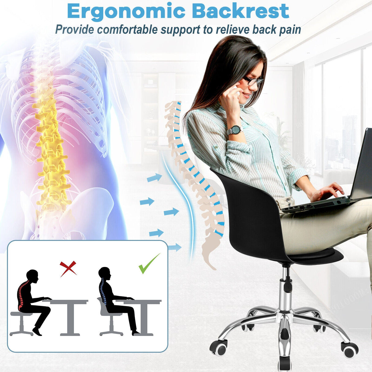 Juego de 2 sillas de oficina con respaldo ergonómico y asiento de piel sintética acolchada suave