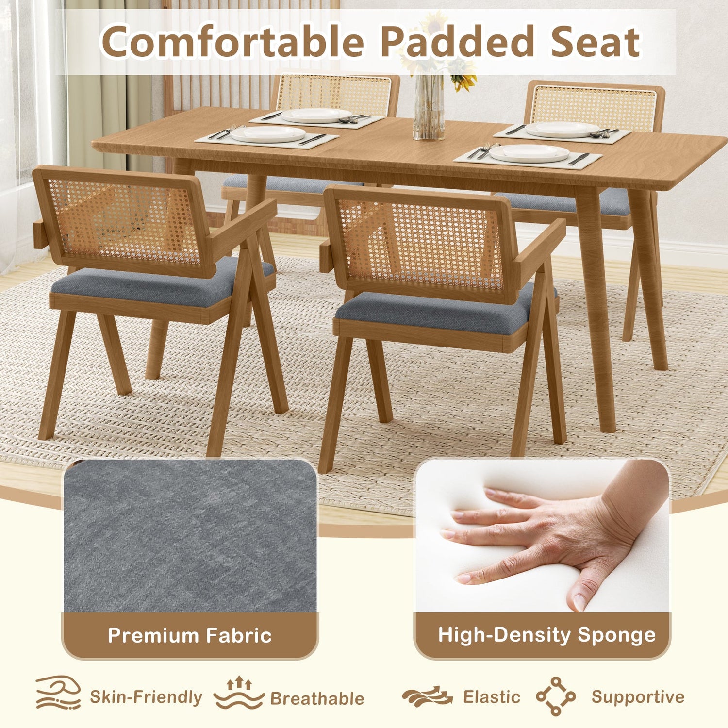 Juego de 2 sillones decorativos de ratán con cojín acolchado y estructura de madera de caucho