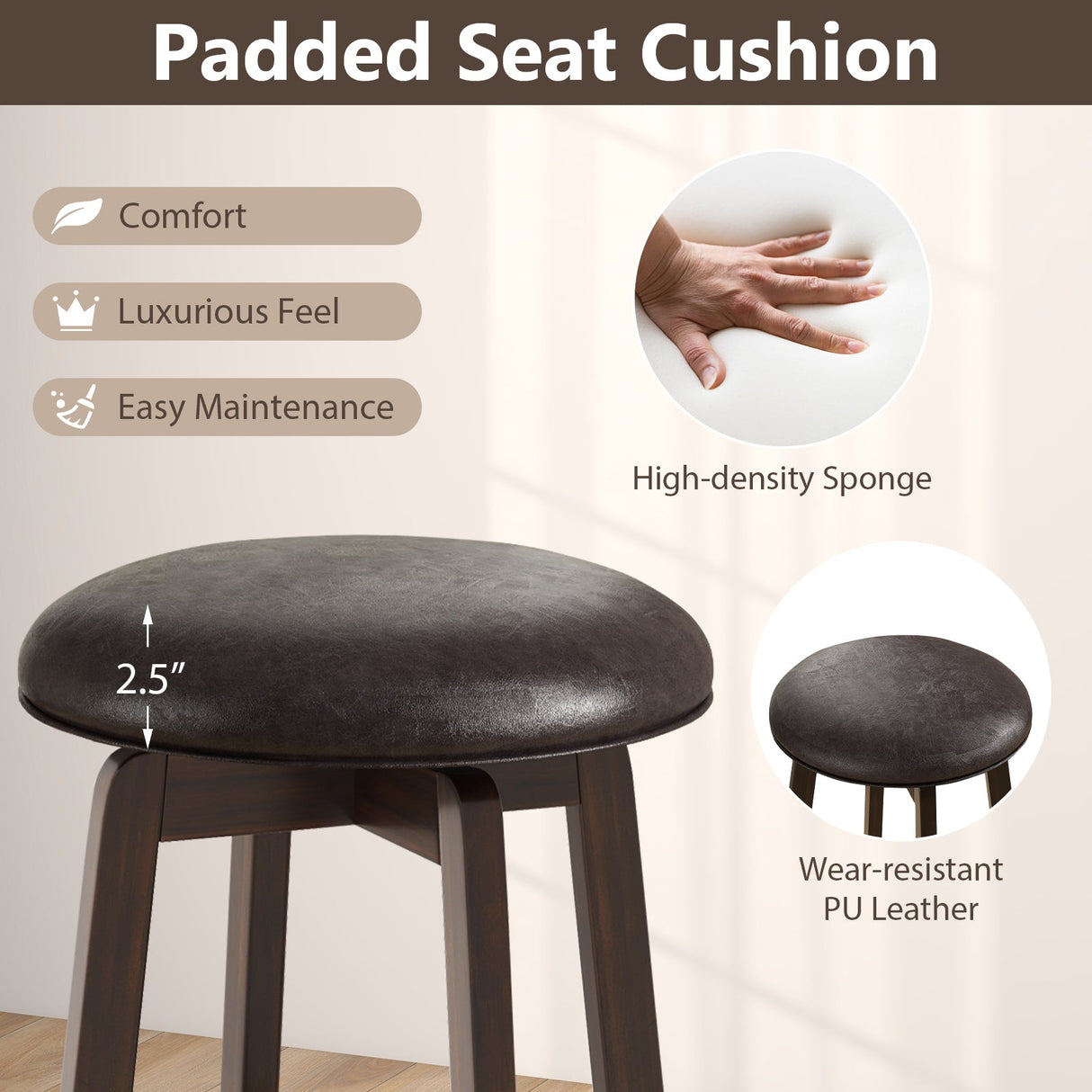Juego de 2 taburetes de bar tapizados de cuero PU de 24/29 pulgadas con asiento redondo giratorio 360°