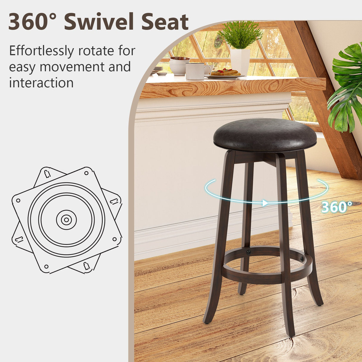 Juego de 2 taburetes de bar tapizados de cuero PU de 24/29 pulgadas con asiento redondo giratorio 360°