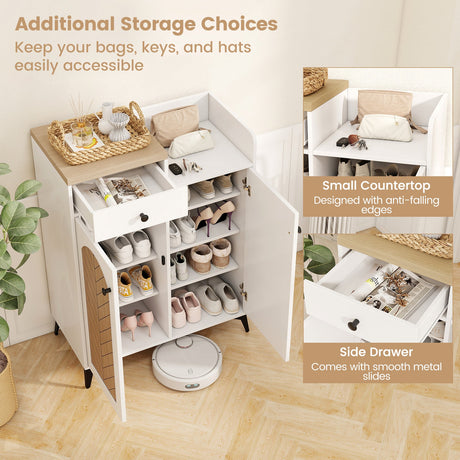 Zapatero organizador de 2 puertas con cajón y 6 estantes extraíbles - Blanco