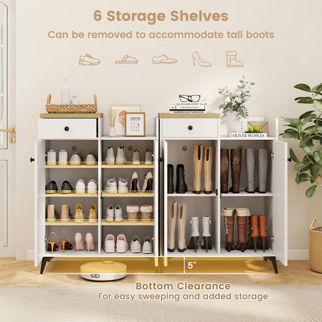 Zapatero organizador de 2 puertas con cajón y 6 estantes extraíbles - Blanco