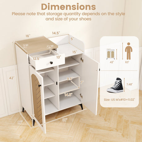 Zapatero organizador de 2 puertas con cajón y 6 estantes extraíbles - Blanco