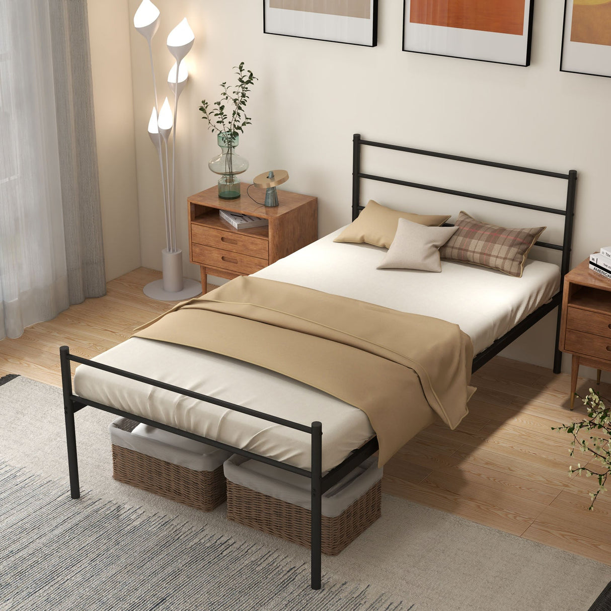 Base de cama de metal individual con plataforma y cabecera