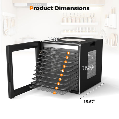 Deshidratador de 10 bandejas de acero inoxidable con 10 preajustes - Negro