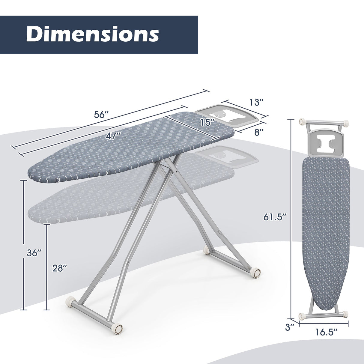 Tabla de planchar con apoya plancha y funda extraíble de color gris plata