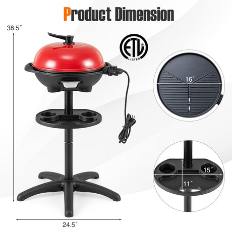 Parrilla eléctrica de exterior de 1350 W con soporte extraíble, fácil de instalar