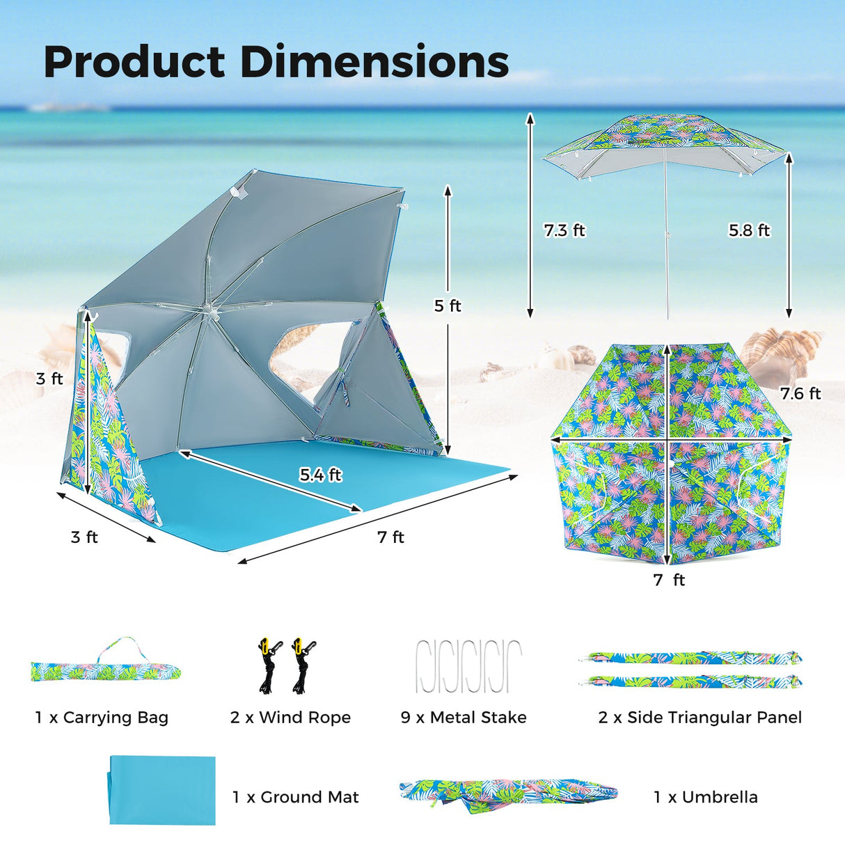 Sombrilla de Playa con Protección Solar UPF50+ y Bolsa de Transporte Portátil - Azul