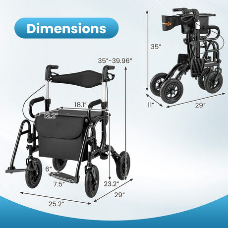 Andador enrollable plegable 2 en 1 con asiento y neumáticos de 9 pulgadas para personas mayores