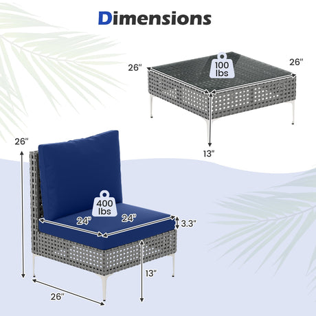3 sillones de conversación de ratán PE con mesa de centro de vidrio templado para jardín o porche - Azul marino