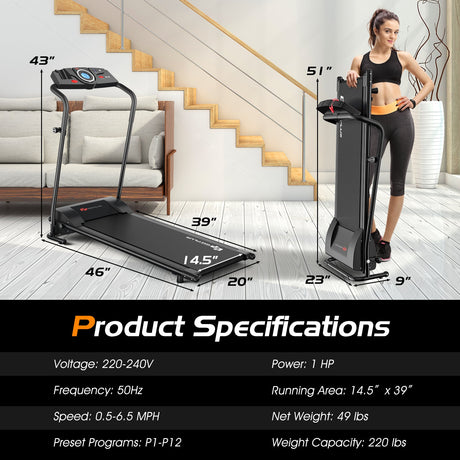 Cinta de Correr Eléctrica Plegable Móvil de 1.0 HP con Pantalla de Funcionamiento para el Hogar