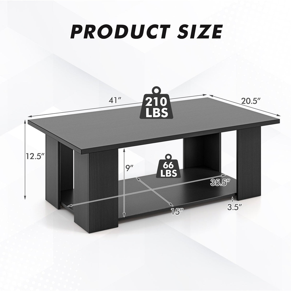 Mesa de centro moderna de madera de 2 niveles, grande, de 36/41 pulgadas, con estante de almacenamiento - Negro