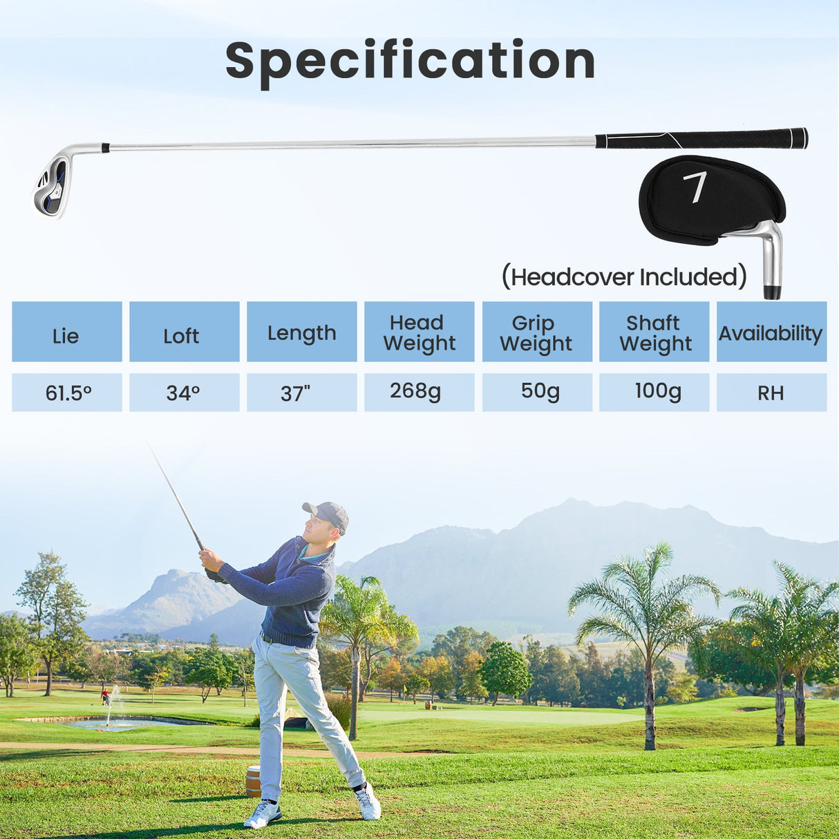 Palo de golf individual de hierro n.º 7 para hombre con varilla de acero y funda para la cabeza