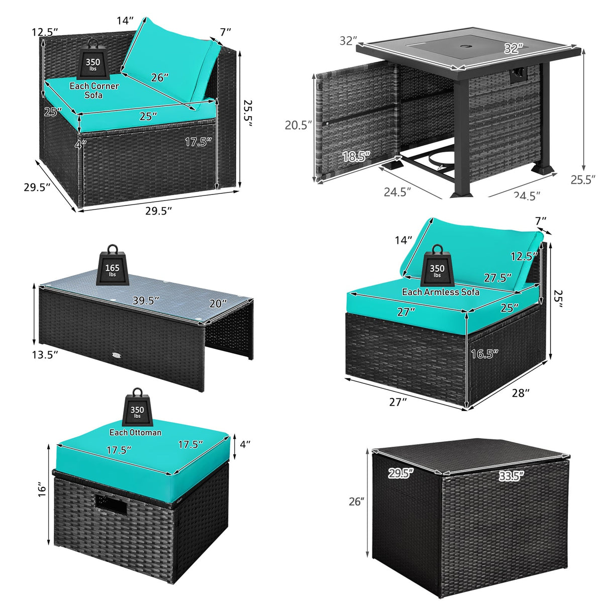 Juego de muebles de patio de 9 piezas con mesa de brasero de 32" y brasero de propano cuadrado de 50000 BTU