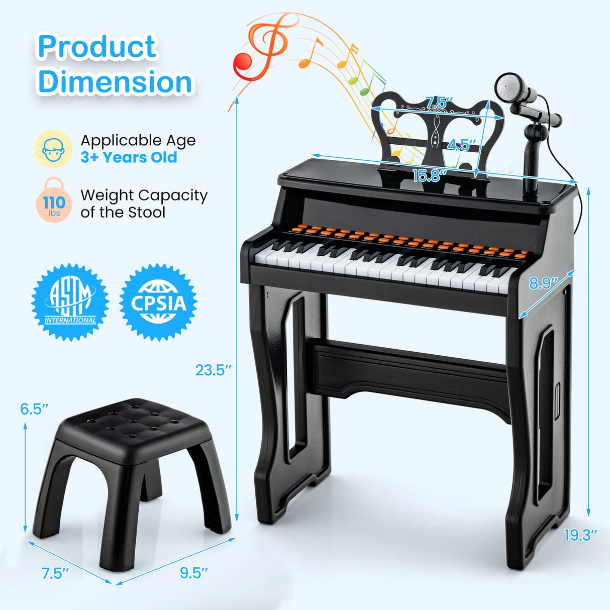 Piano musical de 37 teclas con micrófono Teclado de piano para niños con atril desmontable