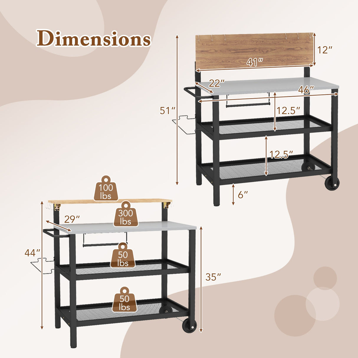 Carro bar con superficie abatible y ganchos para cocina