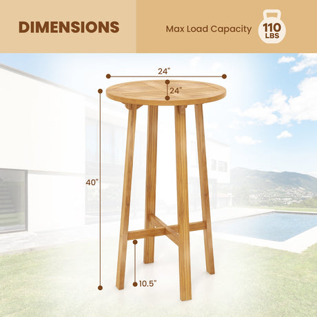 Mesa de bar redonda de madera de teca de 24 pulgadas con reposapiés para interiores y exteriores