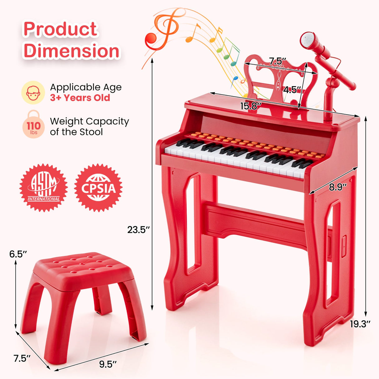 Piano musical de 37 teclas con micrófono Teclado de piano para niños con atril desmontable