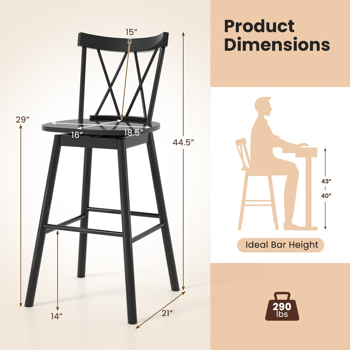 Juego de 2 taburetes de bar Windsor con respaldo ergonómico y reposapiés