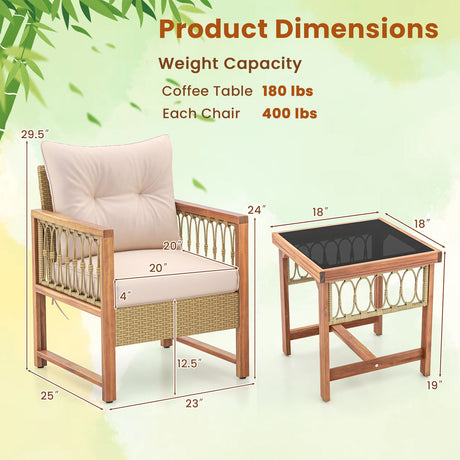 Juego de muebles de patio de 3 piezas con estructura de madera de acacia cojines-marrón
