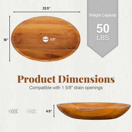 Lavabo de madera de teca de 23.5 pulgadas x 16 pulgadas con orificio de drenaje