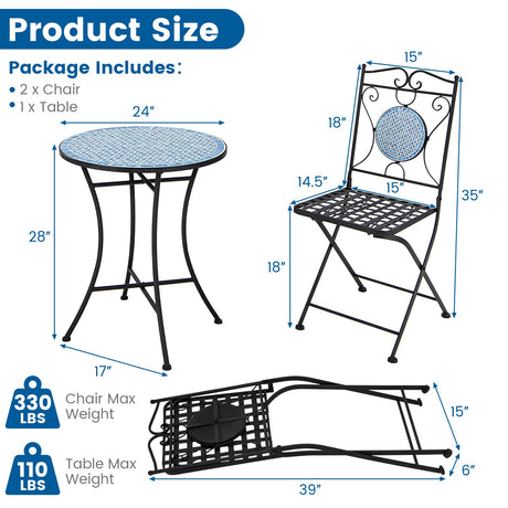 Juego de bistró para patio de 3 piezas, muebles de exterior, mesa y sillas con mosaico