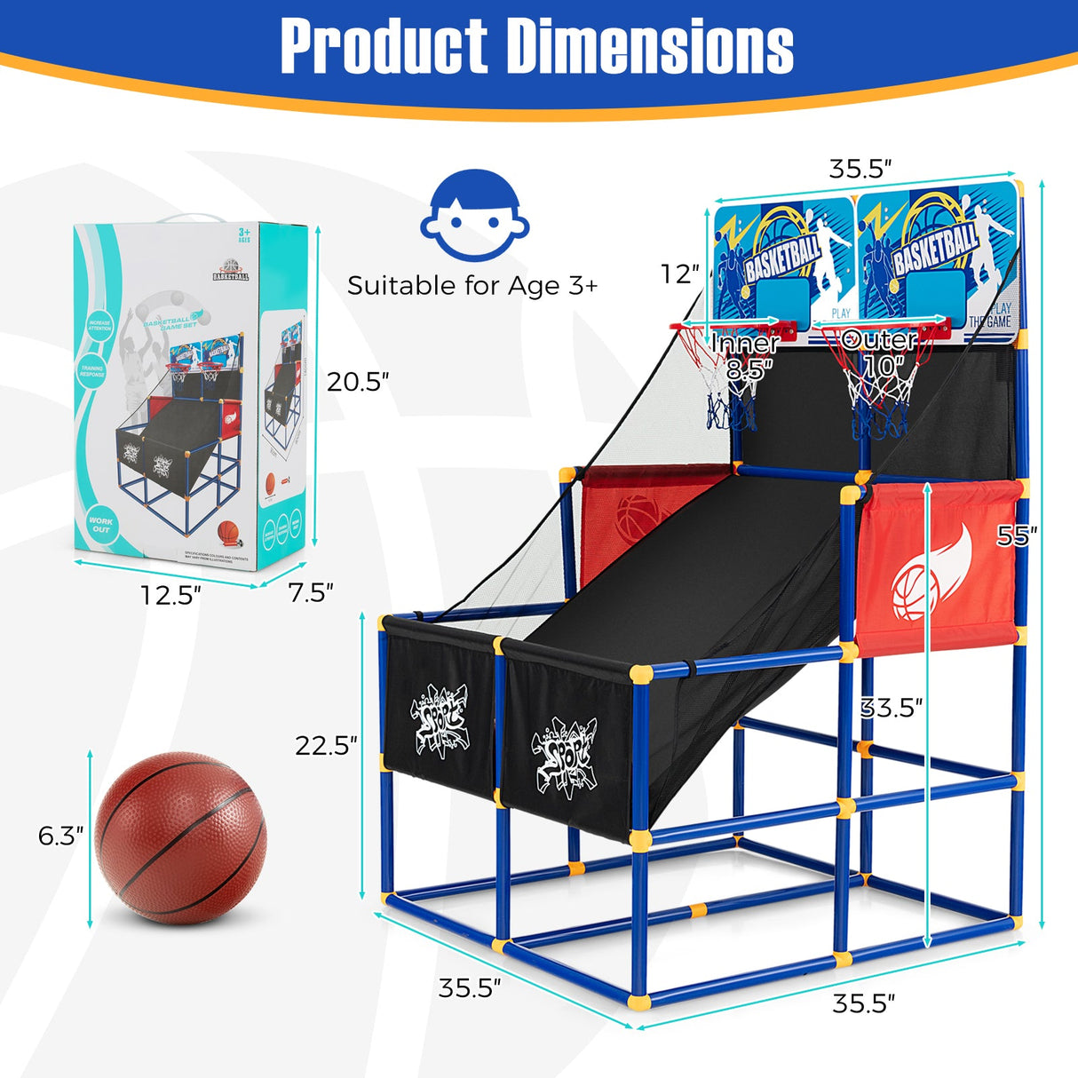 Juego de baloncesto arcade para niños con 4 balones y bomba de aire