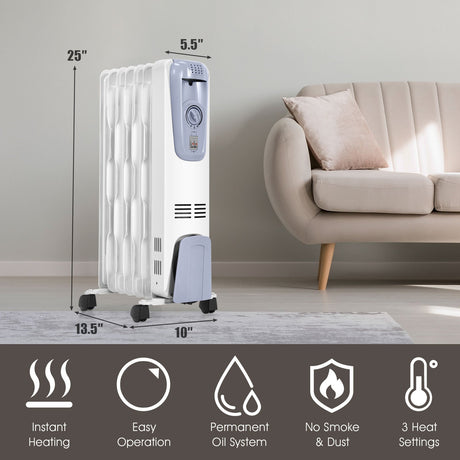 Radiador de aceite de 1500W con termostato y 4 ruedas inferiores