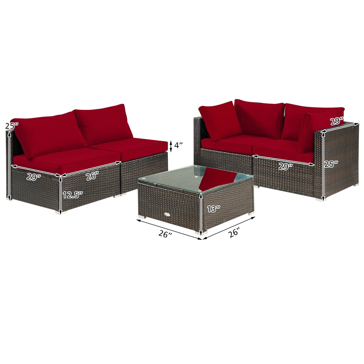 Juego de muebles de patio de ratán acolchados de 5 piezas con mesa de cristal