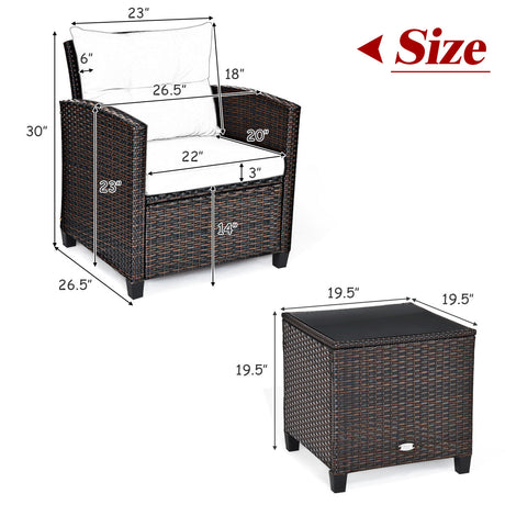 Juego de muebles de patio de ratán de 3 piezas, juego de conversación acolchado, mesa de centro - Beige