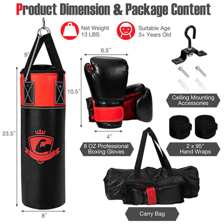 Juego de saco de boxeo colgante para niños de 11 libras con guantes de boxeo - Negro