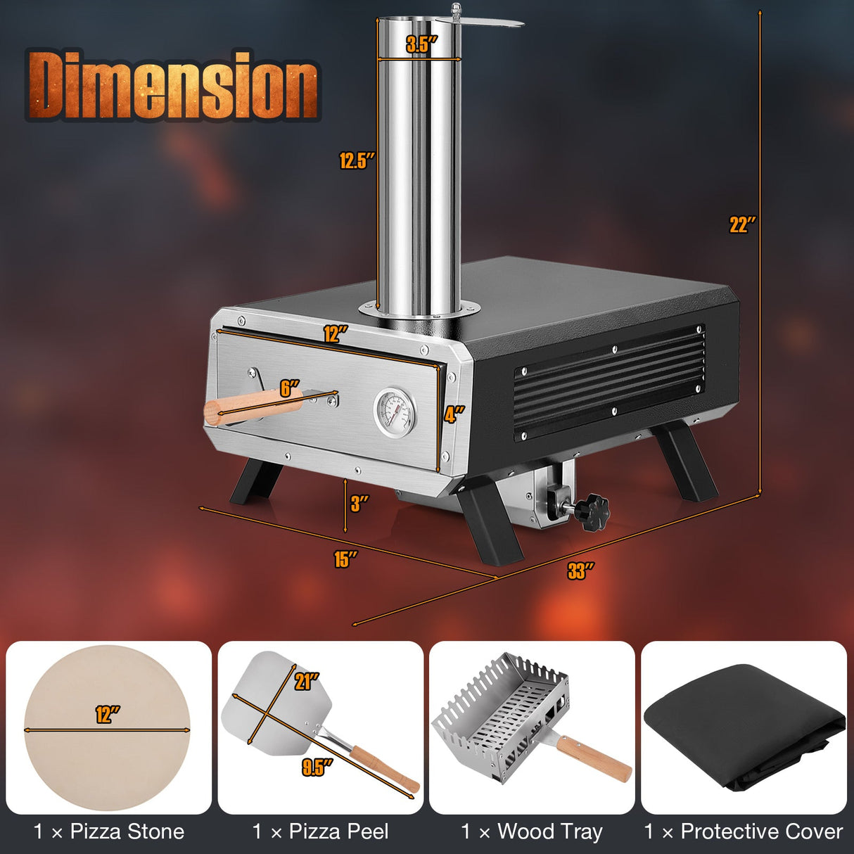 Horno de pizza portátil para exteriores, estufa de pizza de pellets de madera con piedra de pizza giratoria redonda de 12 pulgadas