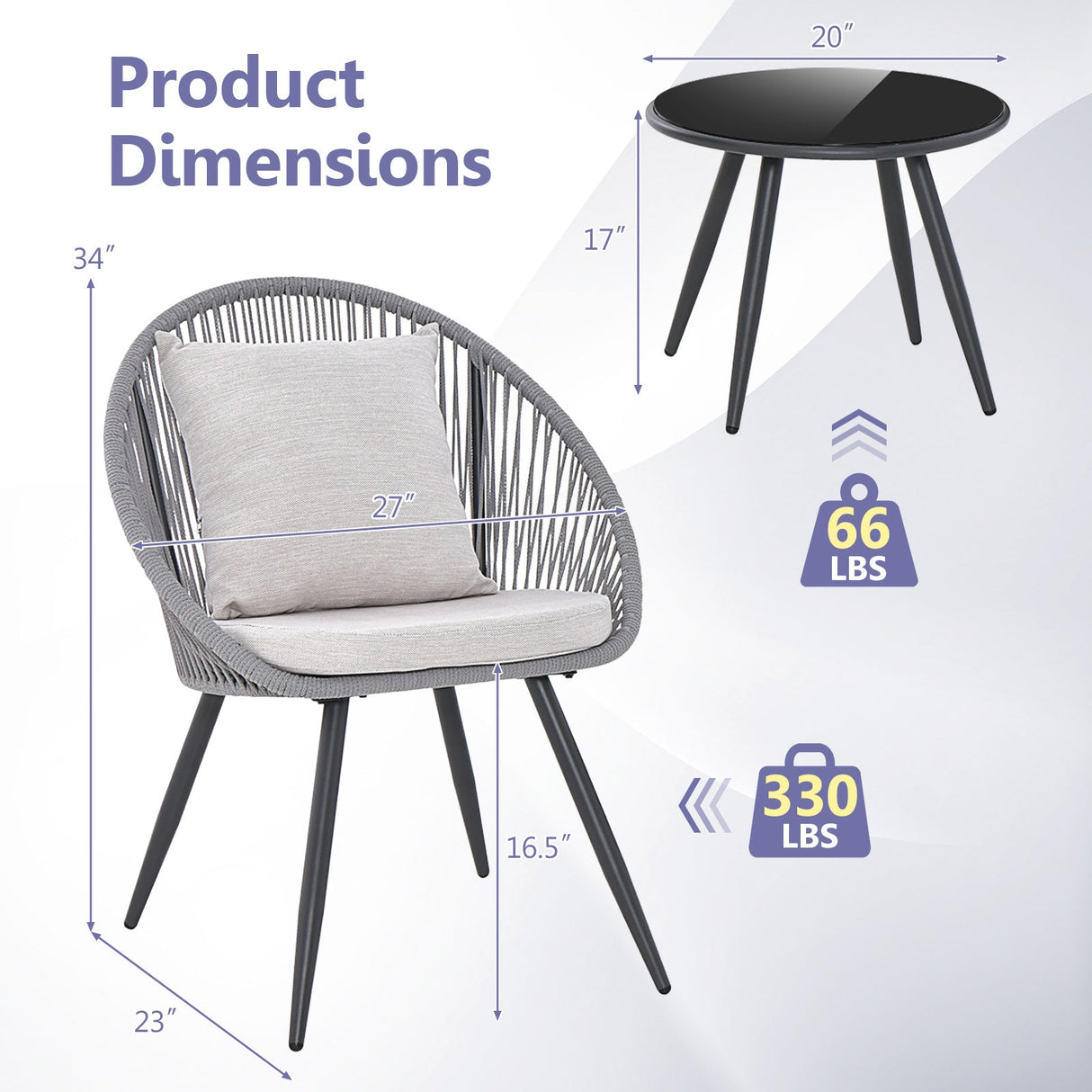 Juego de muebles de patio de 3 piezas con cojines de asiento y respaldo - Gris