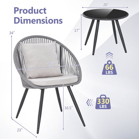 Juego de muebles de patio de 3 piezas con cojines de asiento y respaldo - Gris