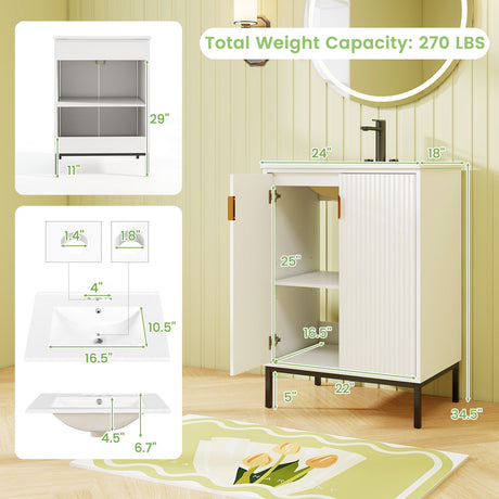 Mueble de baño de 24 pulgadas con lavabo y estante ajustable - Blanco