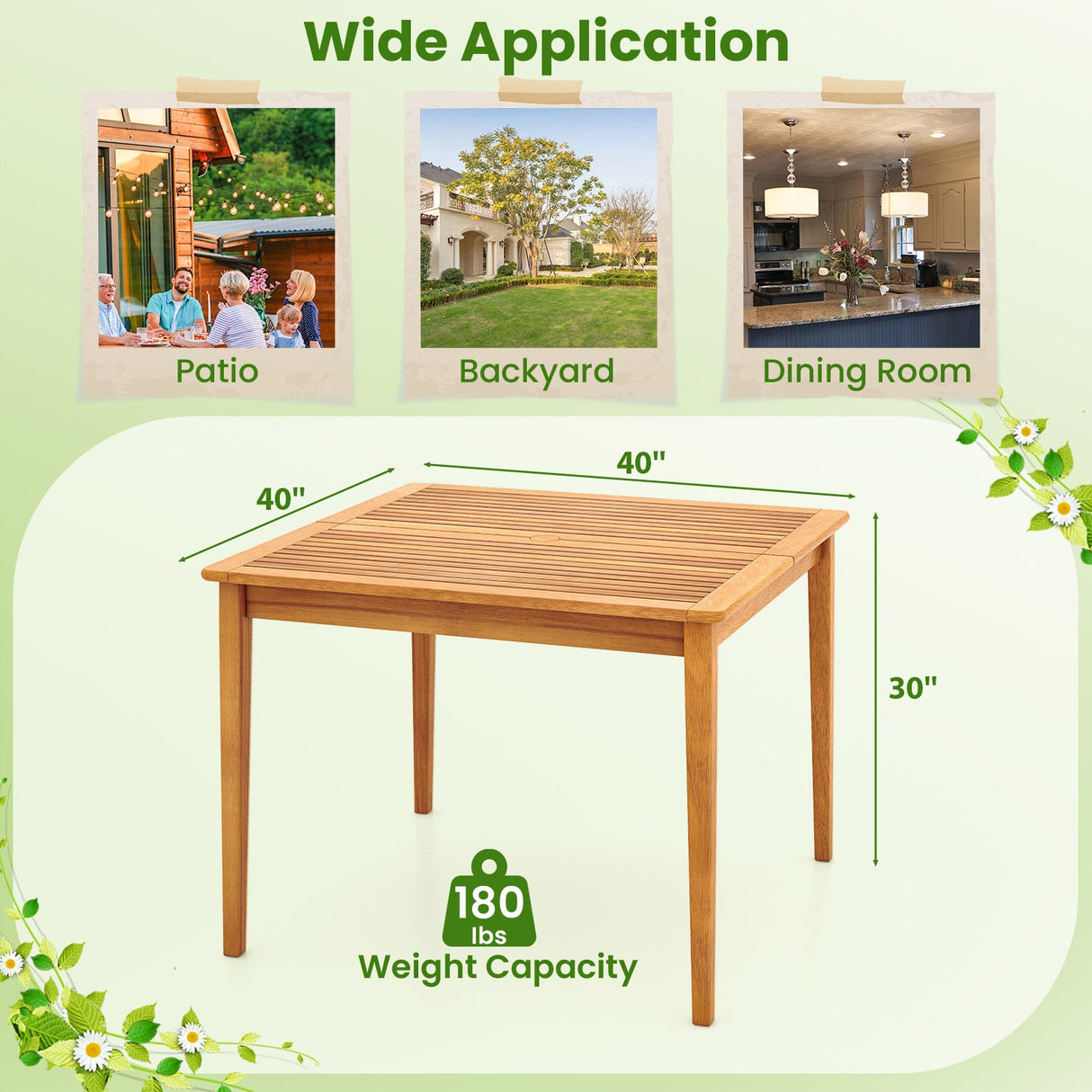 Mesa Bistro Cuadrada de Comedor de Madera de Acacia de 40 Pulgadas con Agujero para Sombrilla de 1.96 Pulgadas