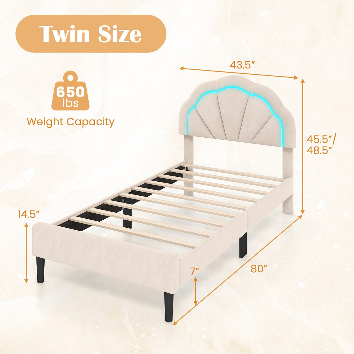 Base de cama tapizada con LED, cabecero de flores ajustable y patas de soporte de metal, tamaño doble