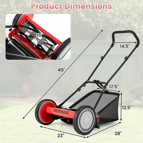 Cortadora de césped manual de 16 pulgadas con 5 cuchillas de acero y bolsa recolectora de césped