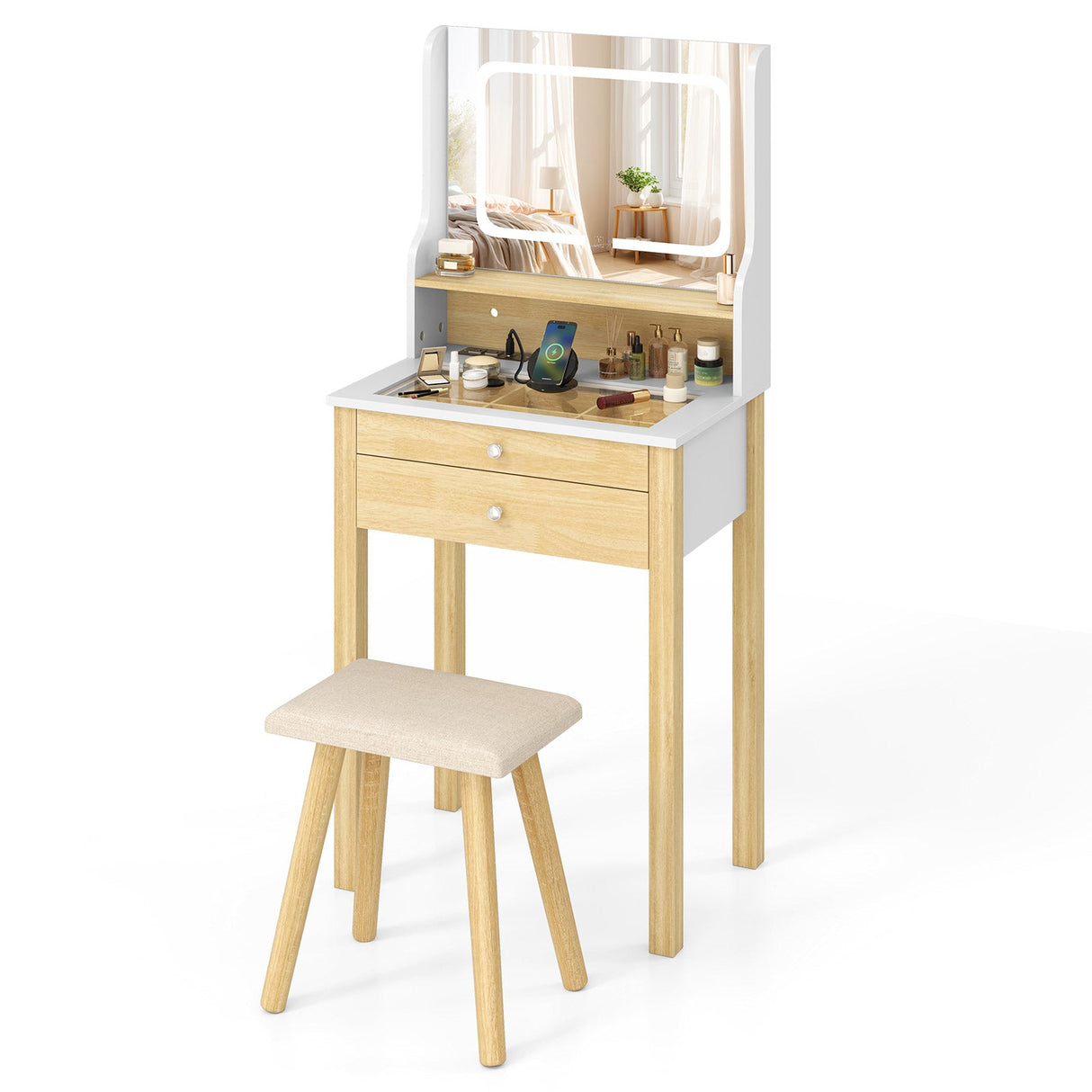 Pequeño tocador con espejo LED ajustable y enchufes, color blanco
