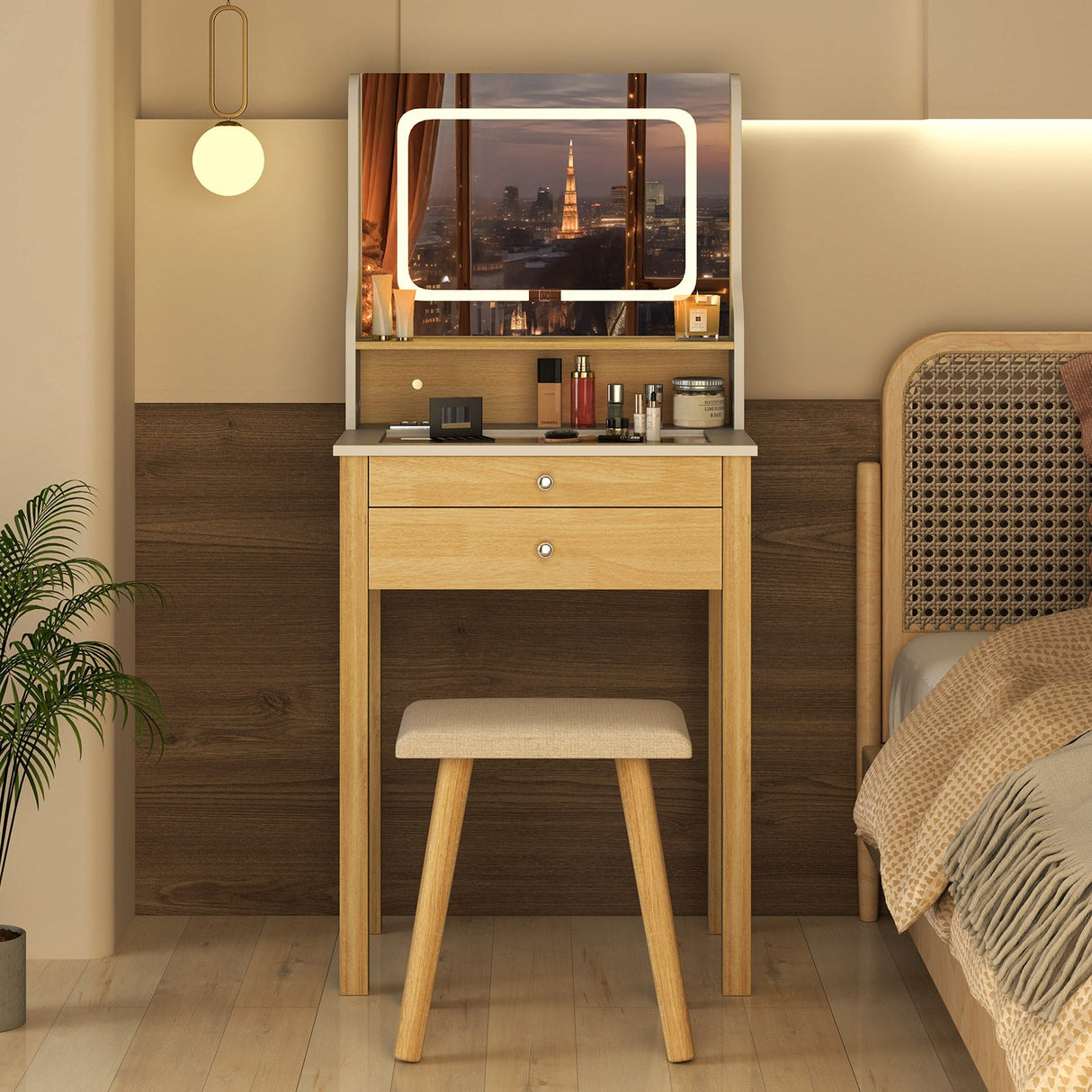 Pequeño tocador con espejo LED ajustable y enchufes, color blanco