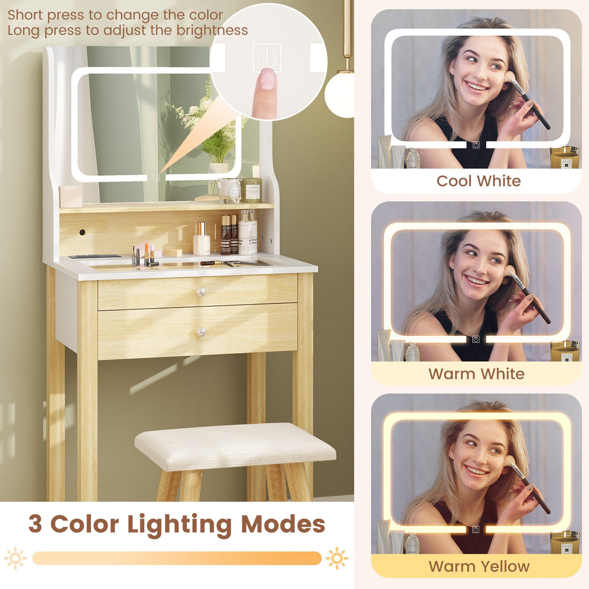 Pequeño tocador con espejo LED ajustable y enchufes, color blanco