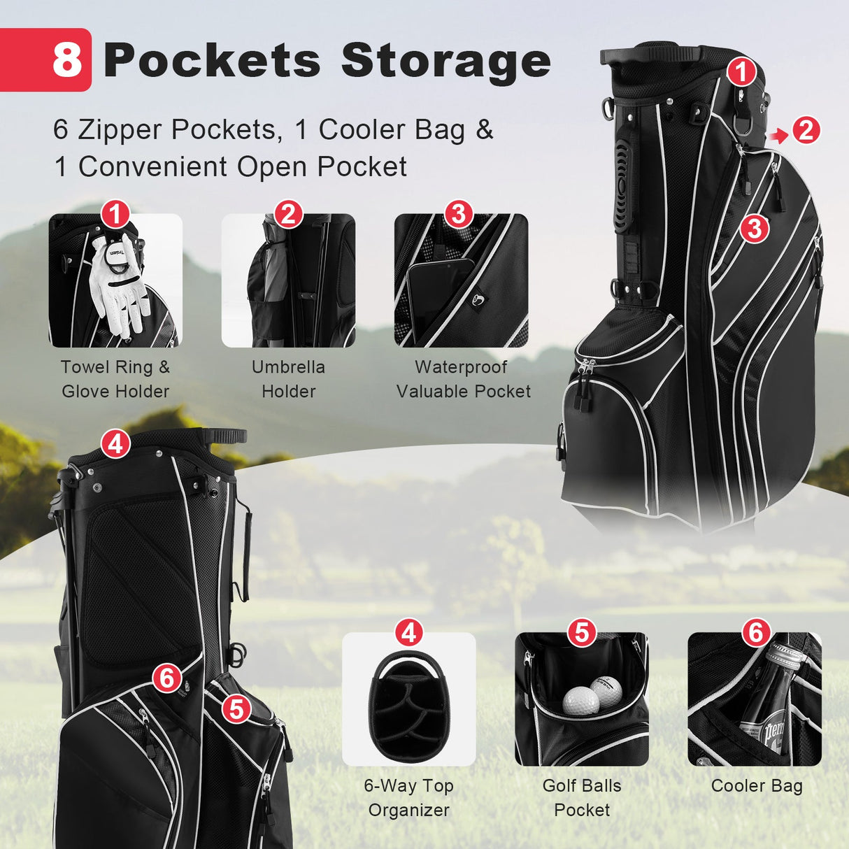 Golf Stand Cart Bag with 6-Way Divider Carry Pockets