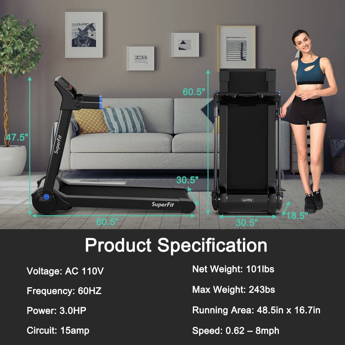 Cinta de correr eléctrica plegable de 3 HP con altavoz Bluetooth