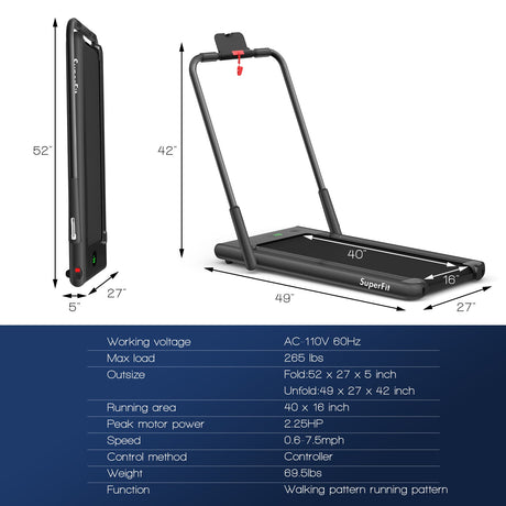 Cinta de correr plegable 2 en 1 con control remoto y pantalla LED - Negro