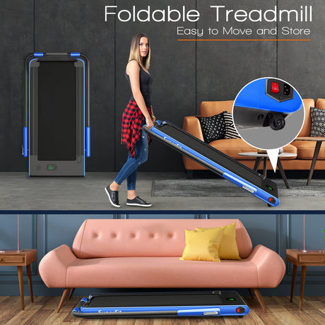 Cinta de correr plegable 2 en 1 con control remoto y pantalla LED-Azul
