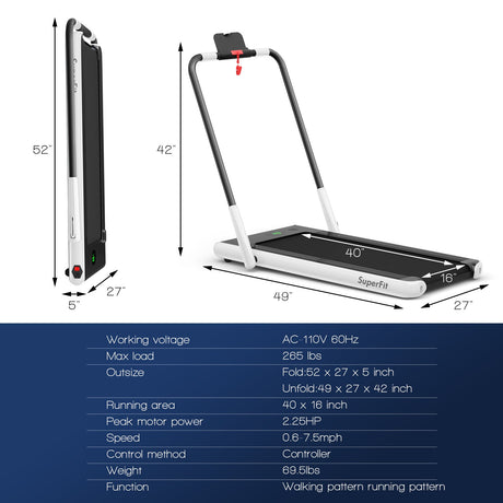 Cinta de correr plegable 2 en 1 con control remoto y pantalla LED-Blanca