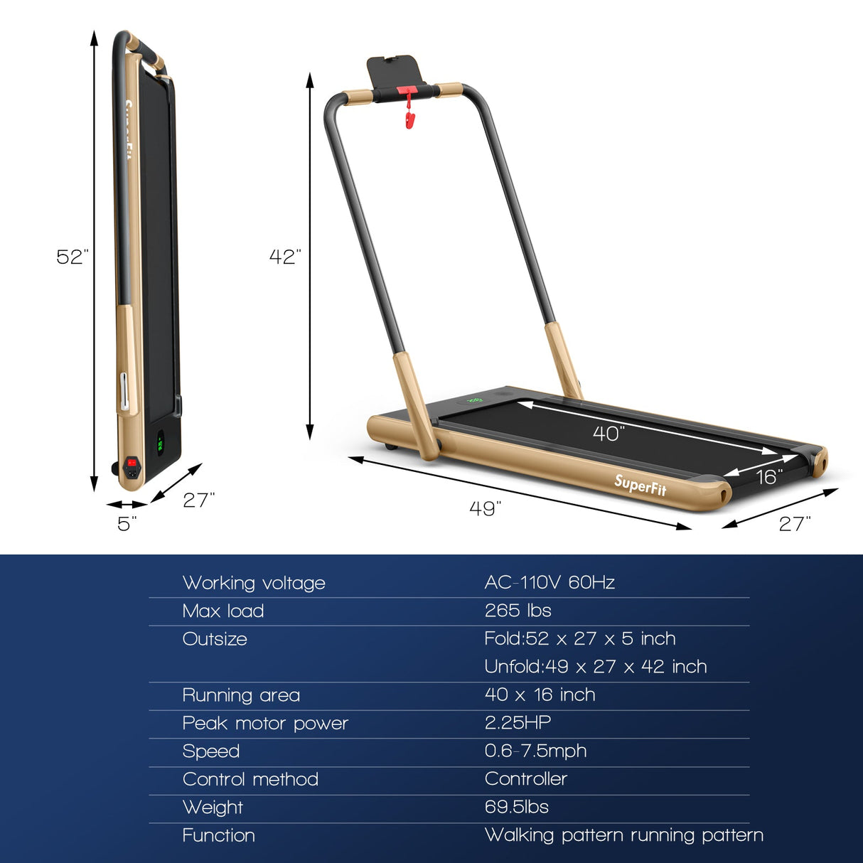 Cinta de Correr Plegable 2 en 1 con Control Remoto y Pantalla LED-Dorada